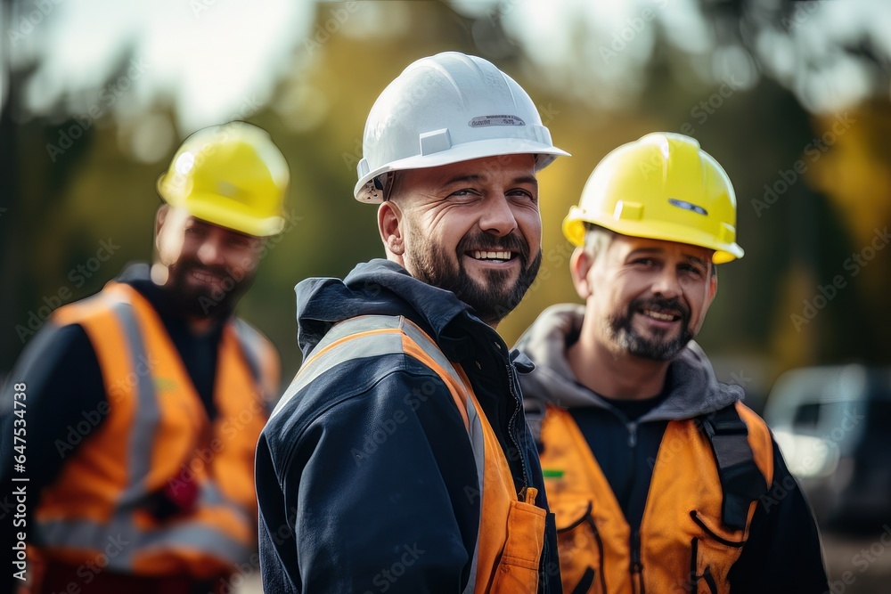 Portrait of Cheerful Workers Wearing Safety Uniform, Construction Engineering Works on Building Construction Site, Observes and Checking the Project. Portrait of Cheerful Workers Wearing Safety Uniform, Construction Engineering Works on Building Construction Site, Observes and Checking the Project.
