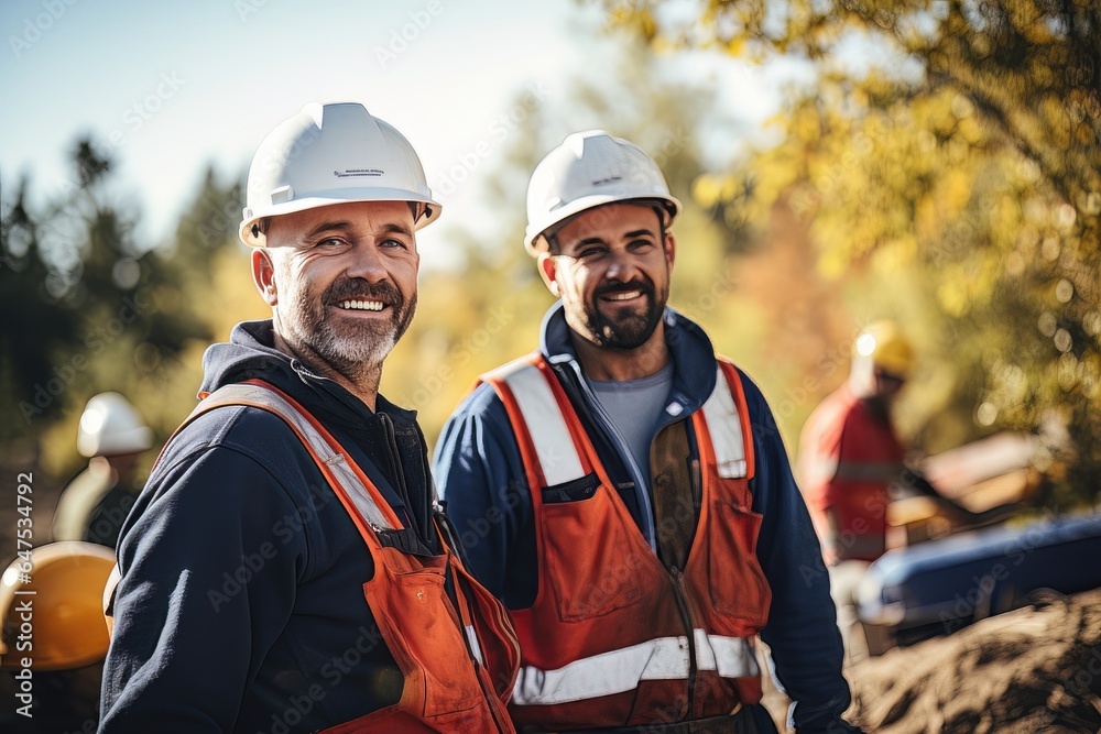 Portrait of Cheerful Workers Wearing Safety Uniform, Construction Engineering Works on Building Construction Site, Observes and Checking the Project. Portrait of Cheerful Workers Wearing Safety Uniform, Construction Engineering Works on Building Construction Site, Observes and Checking the Project.