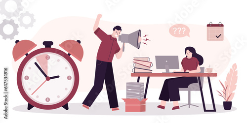 Angry boss yells at an employee through megaphone. Deadline, time management. Boss with big alarm. Burnout, overload. Mental burden, pressure. Discrimination,