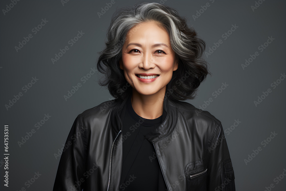 studio portrait of a beautiful Asian woman in her fifties studio portrait of a beautiful Asian woman in her fifties