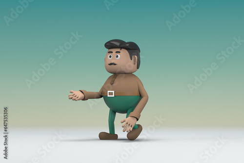 The man  with mustache wearing a brown long shirt green pants.  He is expression  of body and hand when talking.  3d rendering of cartoon character in acting.