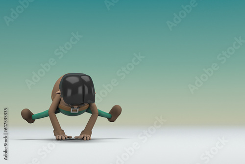 The man  with mustache wearing a brown long shirt green pants.  He is doing exercise. 3d rendering of cartoon character in acting.