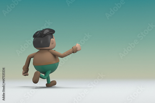 The man  with mustache wearing a brown long shirt green pants.  He is running. 3d rendering of cartoon character in acting.