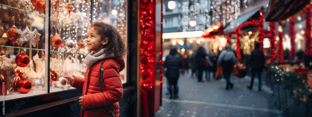 Afroamerican child smiling looking at shop window Christmas light