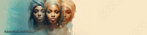 Women's day celebration banner, 8 march, multiple afroamerican women faces illustration, horizontal copy space on pastel background