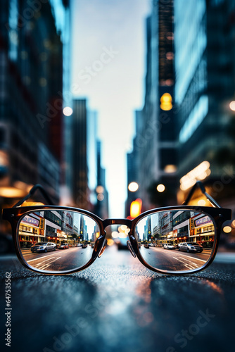 Seeing through eyeglasses concept, defocused view watching city street