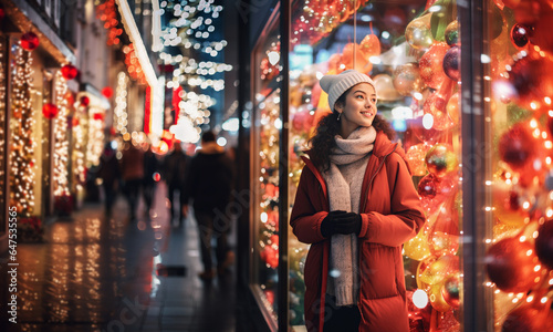 Asian woman smiling looking at shop window Christmas light in city street