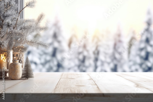 Empty wooden table on the background blurred winter snow background.The background can be used for mounting or displaying your products.