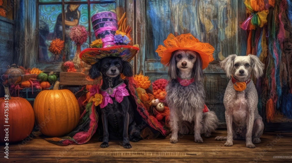 Frightful fiesta costumed canines Halloween, Background Image, HD