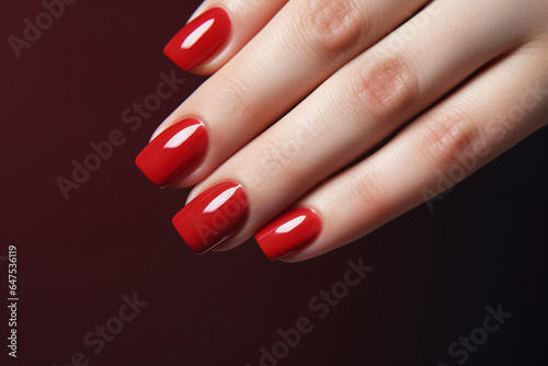 Closeup glamour woman hand with red nail polish on her fingernails. Red nail manicure with gel polish at luxury beauty salon. Nail art and design. Female hand model. French manicure.