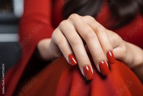 Fotografiet Glamour woman hand with classic red nail polish on her fingernails