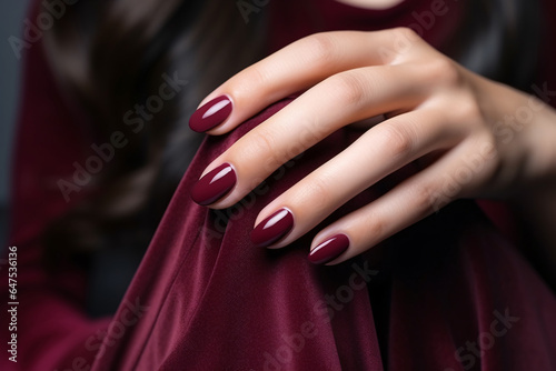 Glamour woman hand with deep berry and plum nail polish on fingernails. Nail manicure with gel polish at luxury beauty salon. Nail art and design. Female hand model. French manicure.