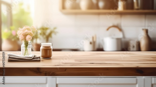 wooden table with modern kitchen background with jars on it