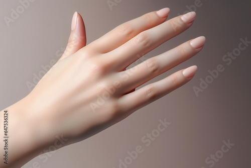 Glamour woman hand with nude nail polish on her fingernails. Nude shade nail manicure with gel polish at luxury beauty salon. Nail art and design. Female hand model. French manicure.
