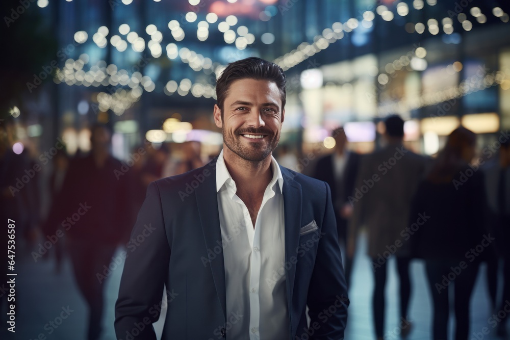 Portrait of Happy Businessman Walking on Street at Night, Handsome European Manager in Modern City Surrounded By Blurred People. Generative Ai Portrait of Happy Businessman Walking on Street at Night, Handsome European Manager in Modern City Surrounded By Blurred People. Generative Ai