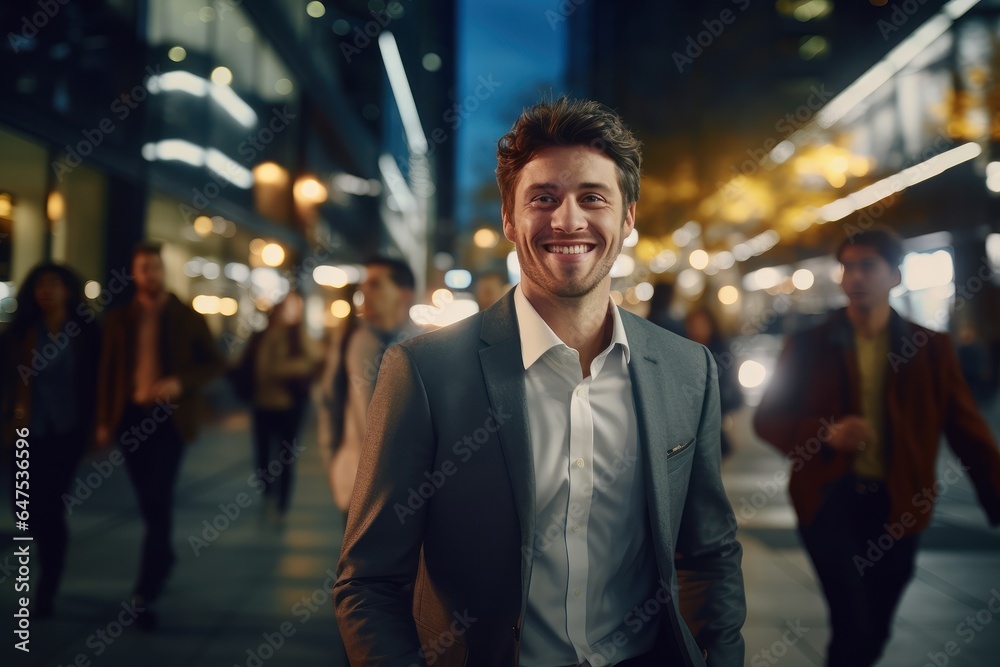 Portrait of Happy Businessman Walking on Street at Night, Handsome European Manager in Modern City Surrounded By Blurred People. Generative Ai