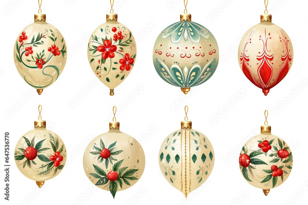 Retro watercolor Christmas decorations and objects clipart Generative AI