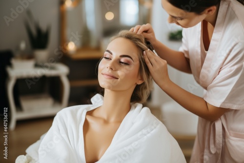 Young woman enjoying head massage in spa salon