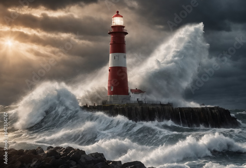 Storm with big waves over the lighthouse at the ocean. Generative AI