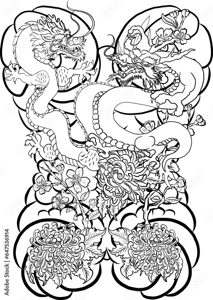 Fototapeta premium hand drawn Dragon tattoo ,coloring book japanese style.Japanese old dragon for tattoo.Symbol of chinese dragon illustration on background for T-shirt. Traditional Asian tattoo the old dragon vector.