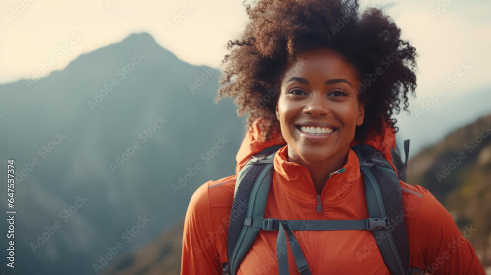 Happy african american woman hiking outdoors. Fitness hike and travel journey