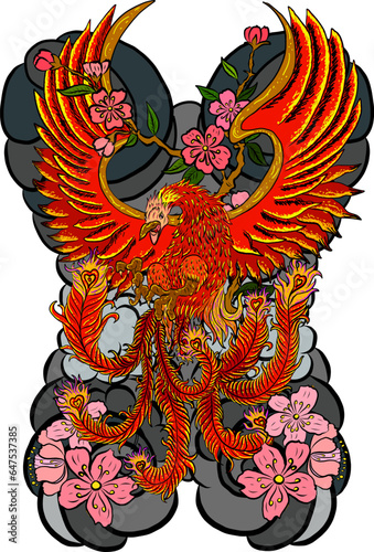 Beautiful line art of Phoenix for tattoo  design on background.Phoenix vector for printing on shirt.Phoenix vector illustration for doodle art and coloring book on white isolated background.sakura.