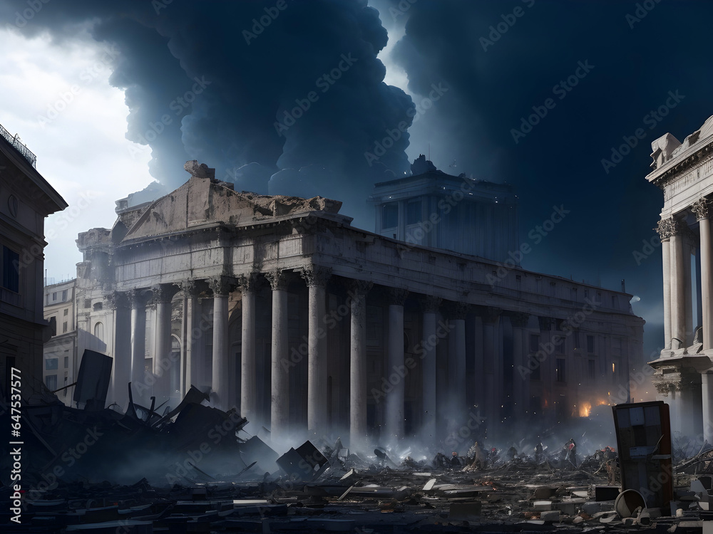 Fototapeta Eerie yet captivating: a once-thriving city now in ruins. Echoes of past grandeur amidst decay. A thought-provoking stock image for historical and urban exploration.