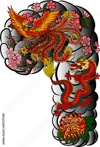 Traditional dragon battle with Phoenix for tattoo design.Chinese dragon for painting on wallpaper background.Hand drawn Japanese tattoo design with flower and wave for printing on jacket.Peony flower.