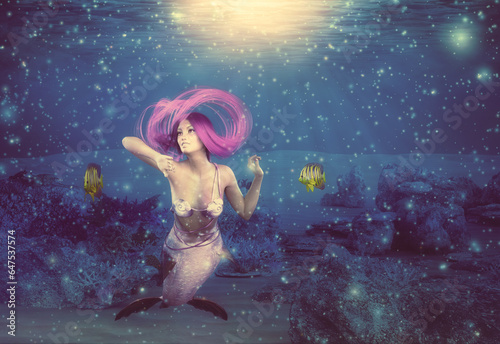 Photos 3D Underwater coral reef and mermaid
