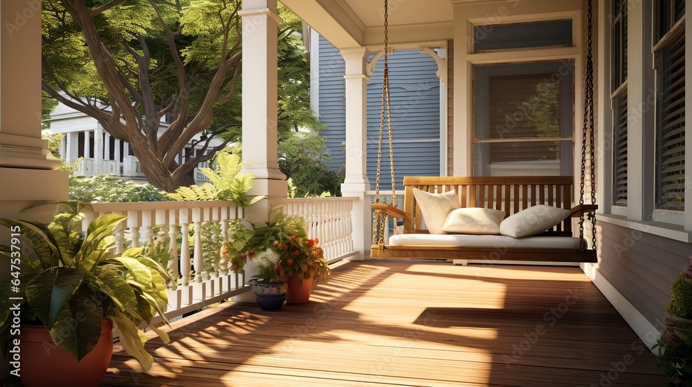 Classic porch with swing, potted plants, and wooden flooring Classic porch with swing, potted plants, and wooden flooring