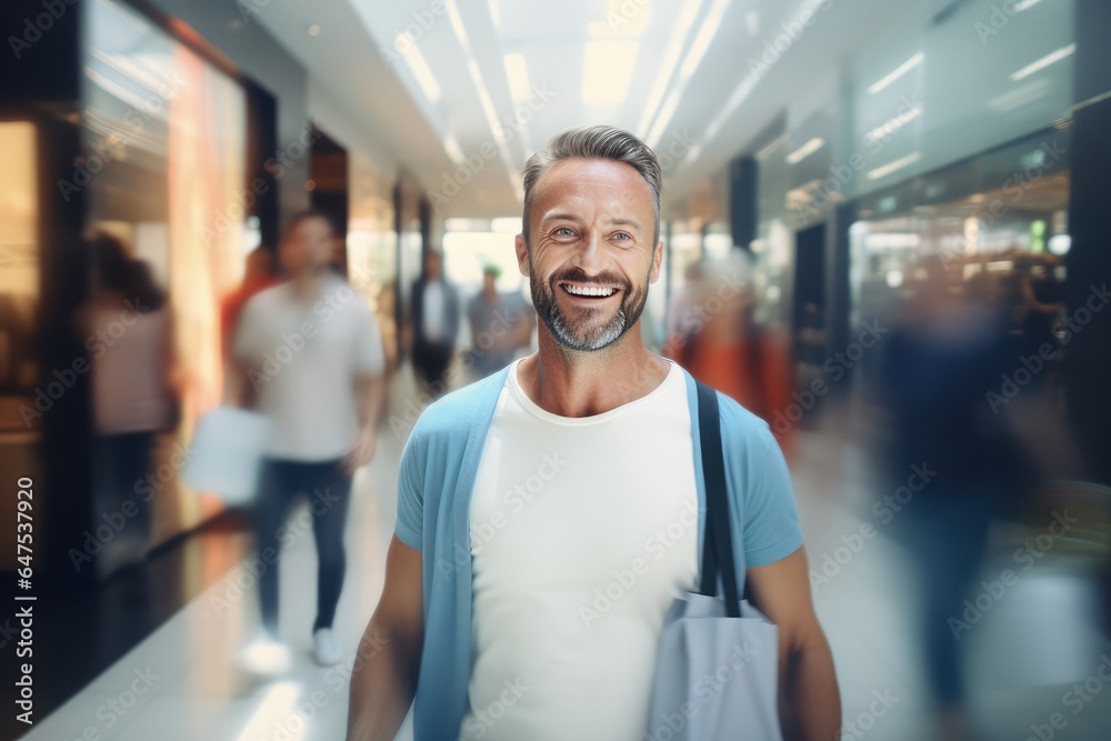 Obraz premium Portrait of Happy Male Goes to Shopping in Modern Clothing Store, Handsome Man Walking in Shopping Mall Surrounded By Blurred People.