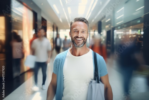 Portrait of Happy Male Goes to Shopping in Modern Clothing Store, Handsome Man Walking in Shopping Mall Surrounded By Blurred People.