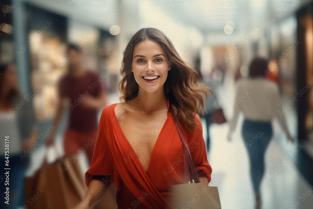Portrait of Happy Female Goes to Shopping in Clothing Store, Beautiful Man Walking in Shopping Mall Surrounded By Blurred People Portrait of Happy Female Goes to Shopping in Clothing Store, Beautiful Man Walking in Shopping Mall Surrounded By Blurred People