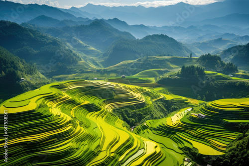 Aerial view of rice terrace fields in the morning with fog or mist in the middle of hills, healthy fresh green tree environment, and beautiful fresh green natural scenery of hilltops.