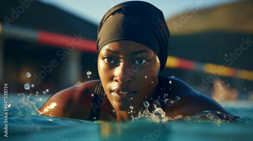 Action Portrait of female swimming or training. Confident and focused woman athlete © Chanelle/Peopleimages - AI