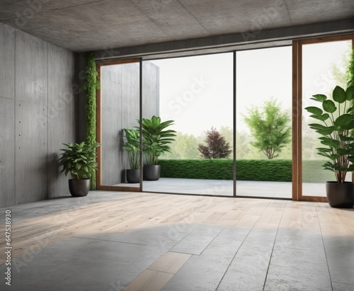 Modern contemporary loft empty room with open door to garden 3d render. © Arhitercture
