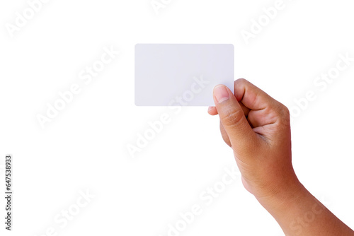 Man holding business card isolated on white background with clipping path.