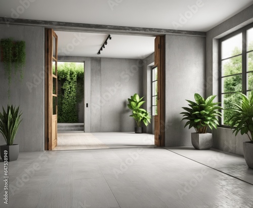 Modern contemporary loft empty room with open door to garden 3d render.
