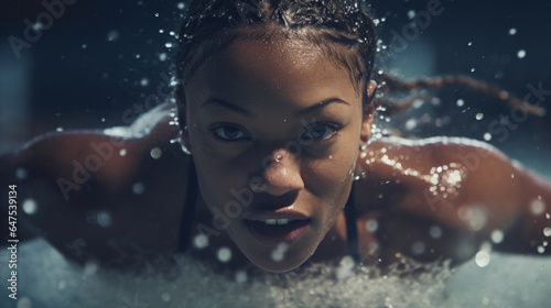 Action Portrait of female swimming or training. Confident and focused woman athlete © Chanelle/Peopleimages - AI