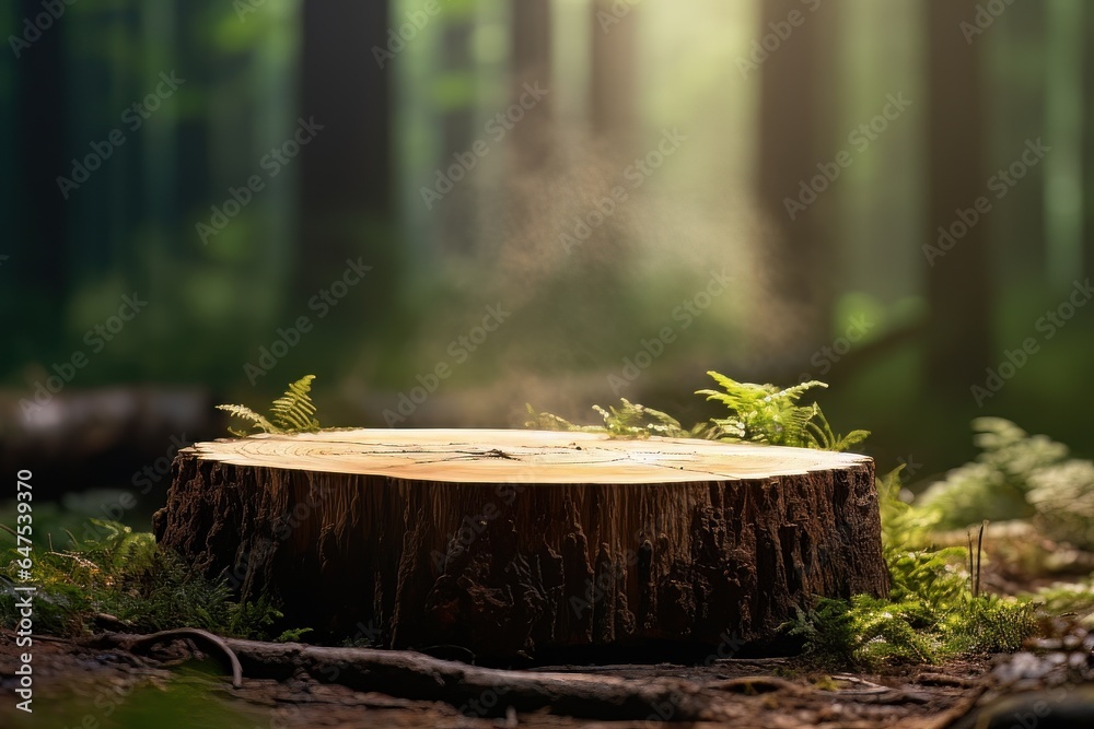 Wooden Podium for Product Display in the Forest, Rounded Wooden Saw Cut on Green Nature Background. Wooden Podium for Product Display in the Forest, Rounded Wooden Saw Cut on Green Nature Background.