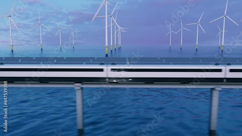 Future. A high-speed maglev train rides along solar panels and wind farms. 3d render.