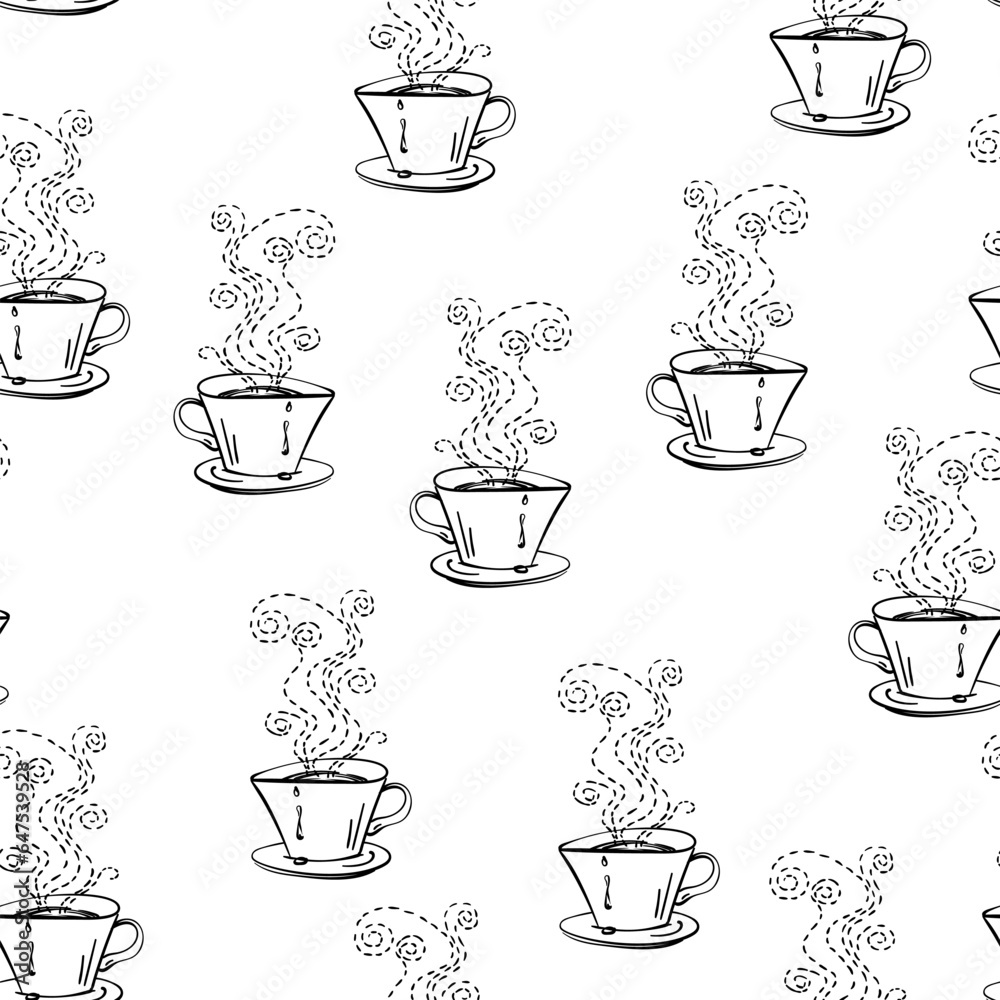 Obraz premium Coffee cup seamless background, Repeating hand drawn illustration of cup of coffee with dotted line curls of steam stylized sketch black and white pattern