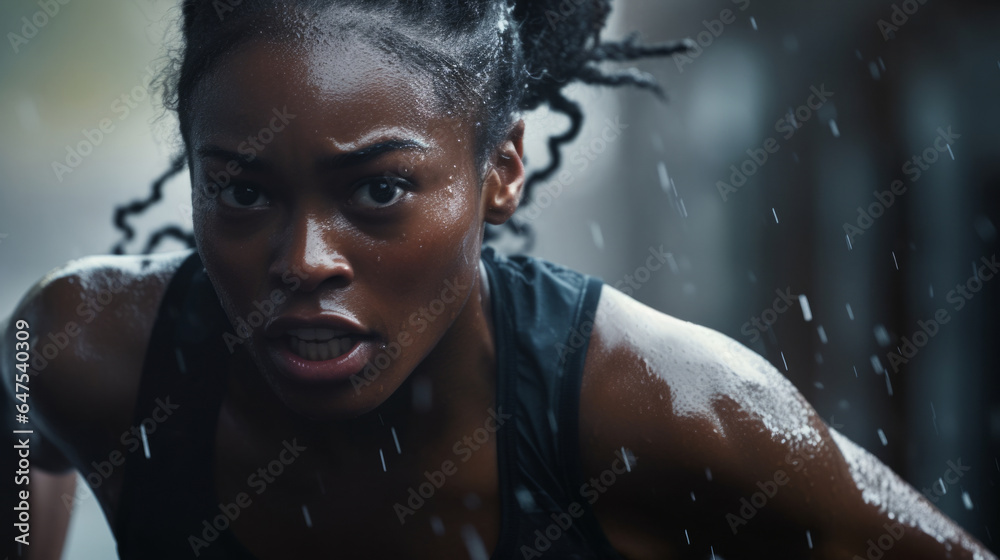 Action Portrait of female running or training in rain. Confident and focused woman athlete Action Portrait of female running or training in rain. Confident and focused woman athlete