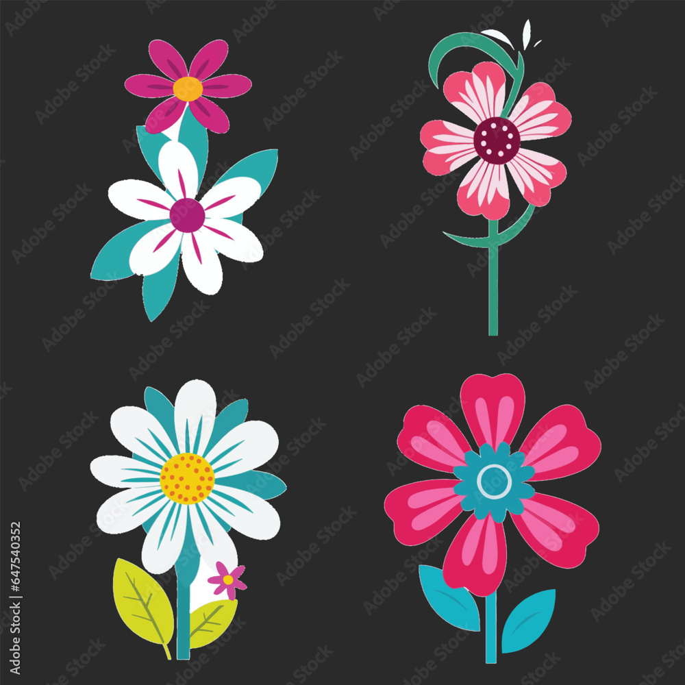 Set of vector illustrators of flowers, cartoon plants icons, flat 2D icons, nature, parks and flower gardens.