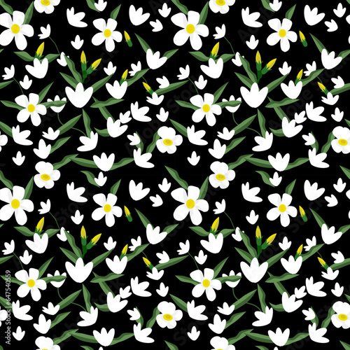 Tropical Flowers Background. Seamless pattern of tropical flower plumeria and leaves. Floral wallpaper on black
