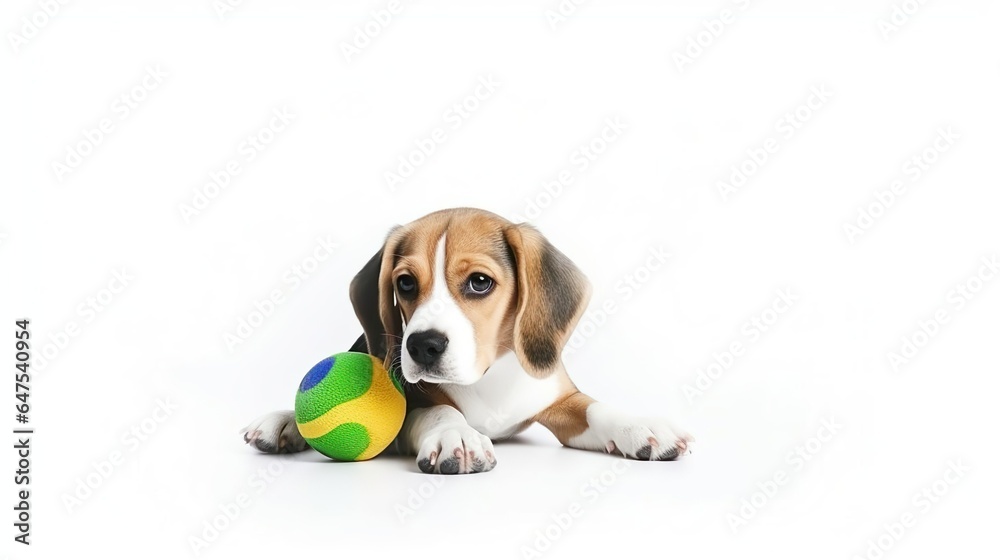 Beagle dog with toy isolated on white background