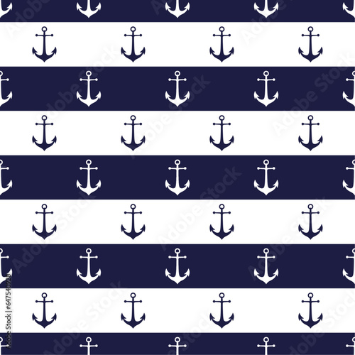 Anchors seamless pattern in white and dark blue colors. Simple silhouettes on striped background. Marine boyish theme. Best for childish textile, print, wallpapers, and nursery decoration.