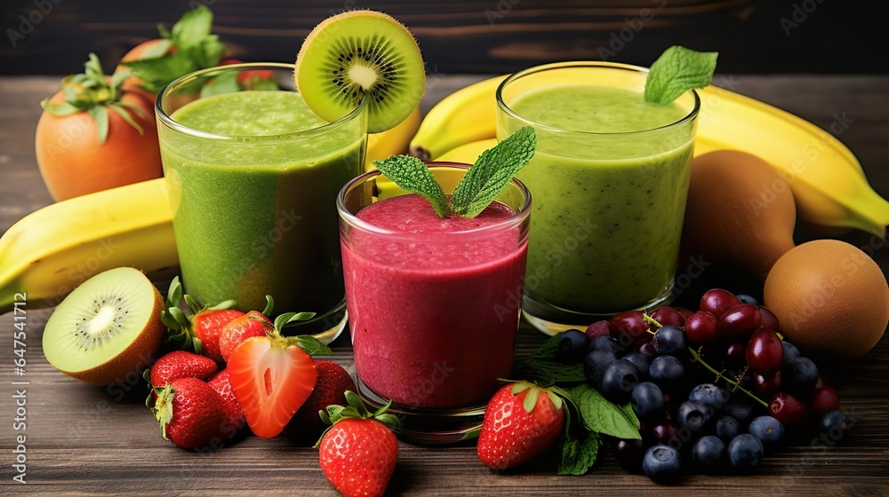 Healthy smoothie in glasses with fruits and vegetabl Healthy smoothie in glasses with fruits and vegetabl