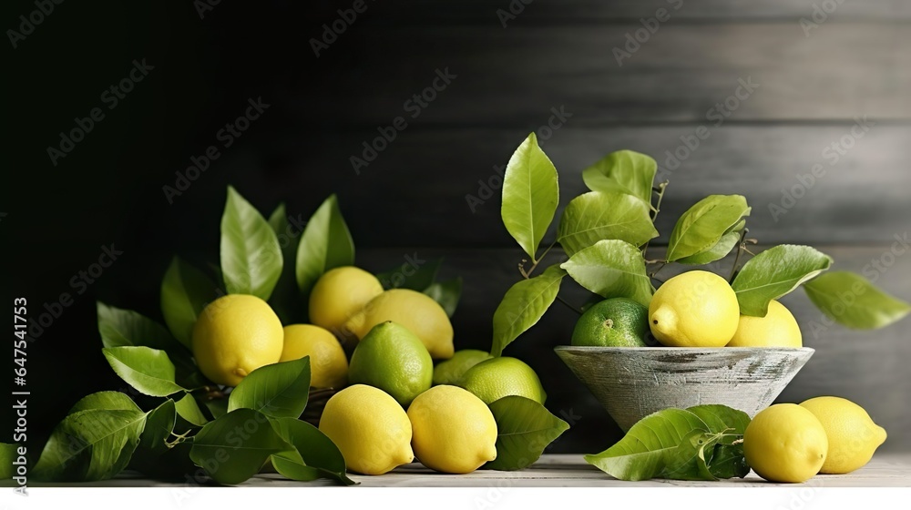 Lemons and limes with green leafs on grey wooden tab