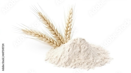 Heap of wheat flour with spikelets isolated on white